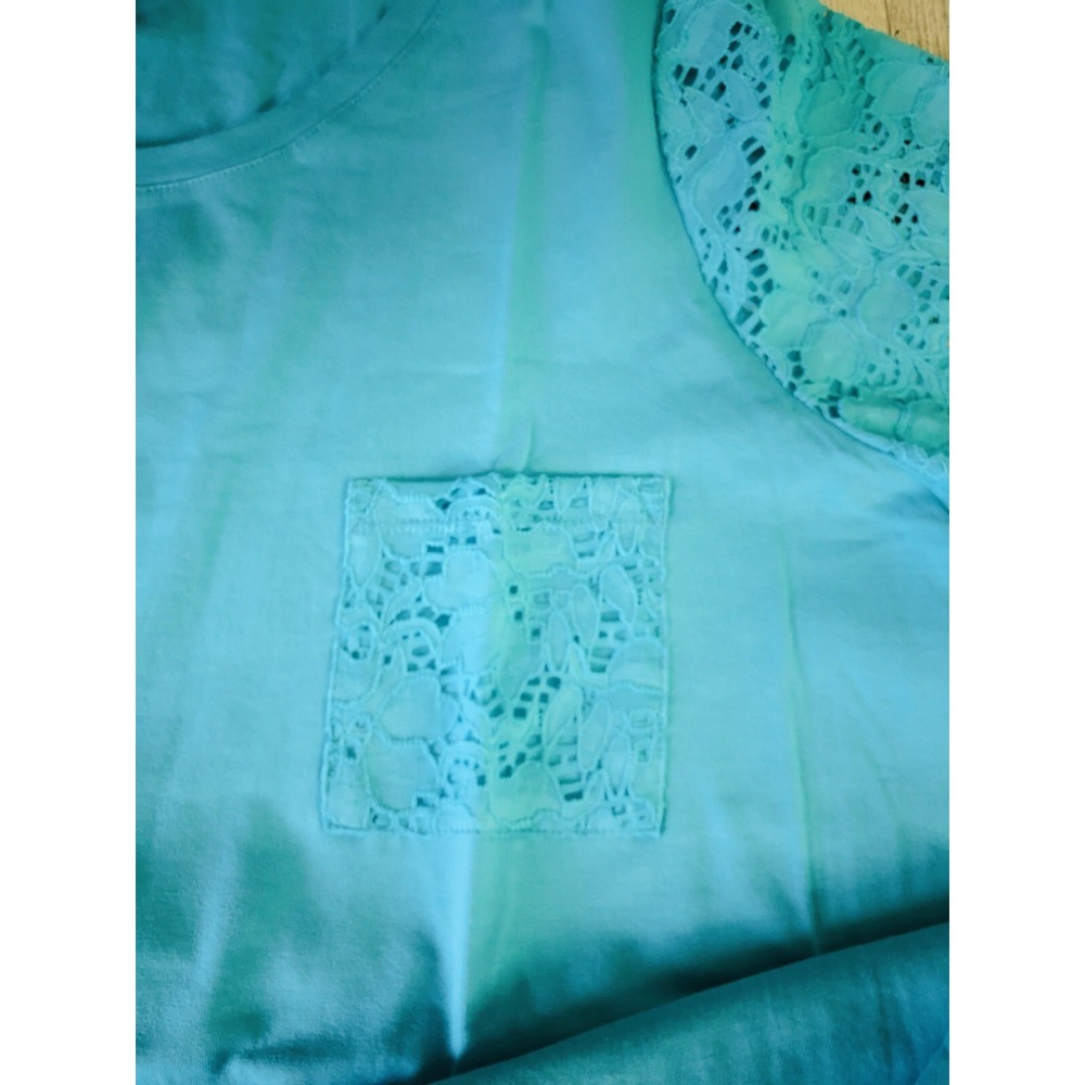 D & CO Round Neck Top w/t Lace Short Sleeves & Pockets Clear Aqua Blue Sz 1X NEW - Picture 3 of 7